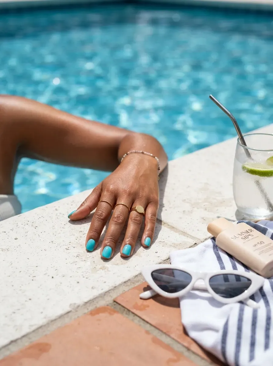 Glossy turquoise gel manicure on short rounded nails beside swimming pool