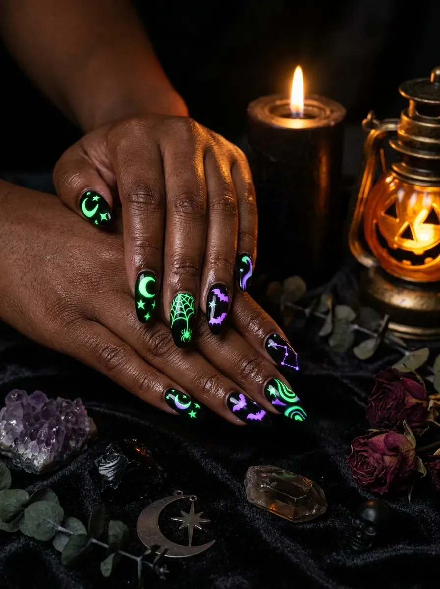 Glow Halloween witch manicure with luminous details