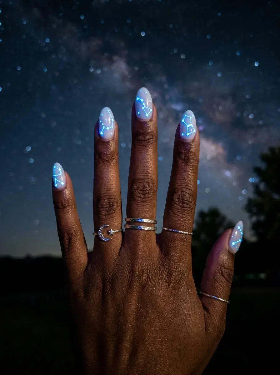 Milky white nails with soft blue glow-in-the-dark constellation art