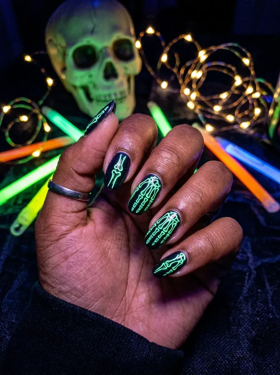 Nails with white skeleton hand line art painted using glow in the dark polish on brown skin with warm undertones