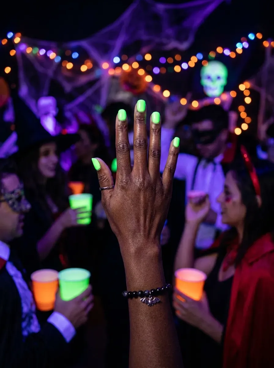 Hand with glowing toxic green nails under blacklight at a Halloween party
