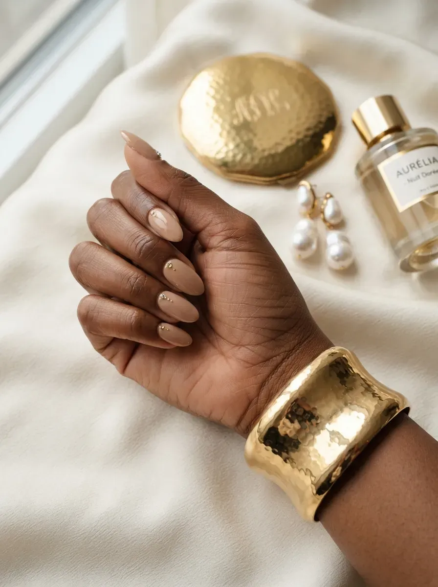 Gold chrome deep French tips on almond nails with warm brown skin