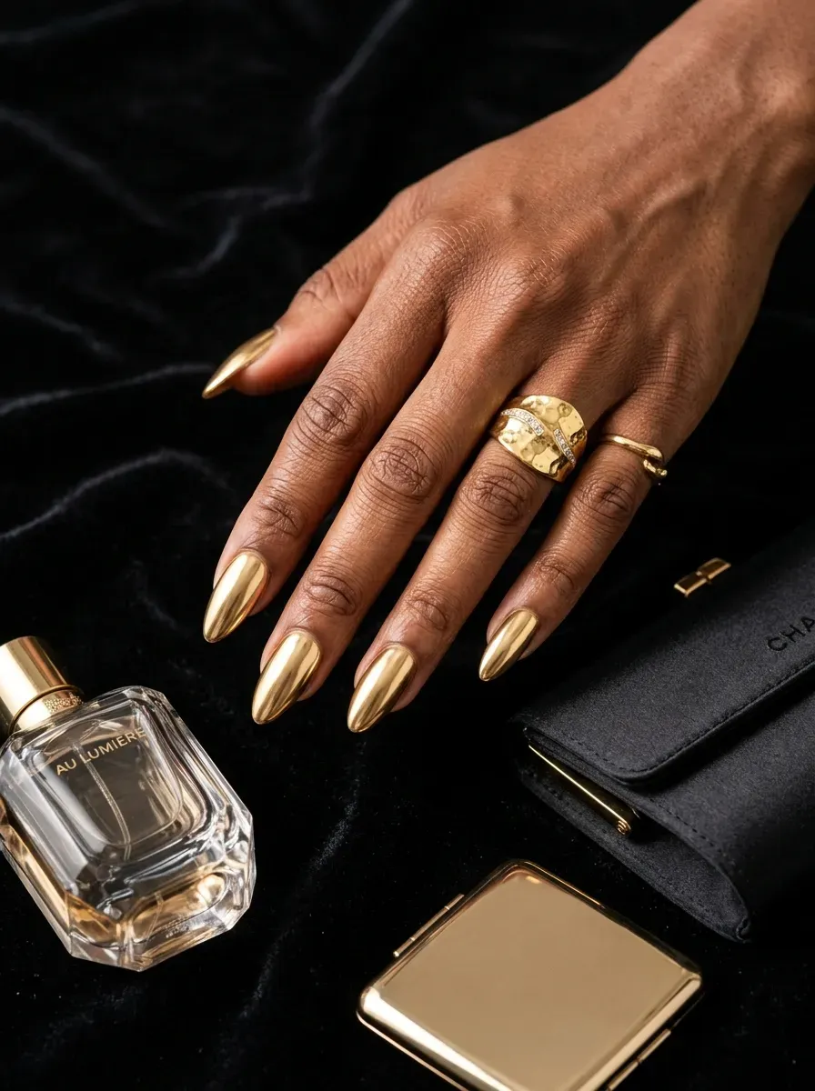 Long gold chrome almond nails reflecting light on deep chestnut skin