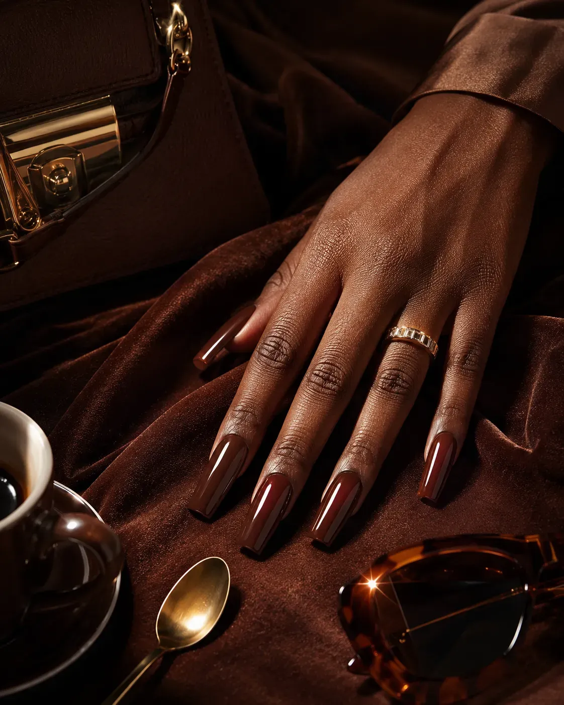Long square nails with tortoiseshell French tips edged in metallic gold