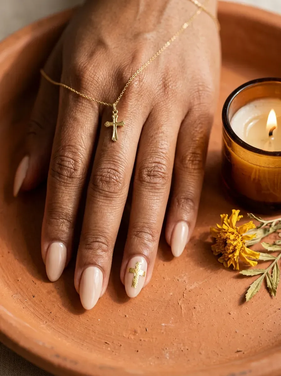 Nails with a small gold foil cross design on the accent nail over a nude base on brown skin with warm undertones