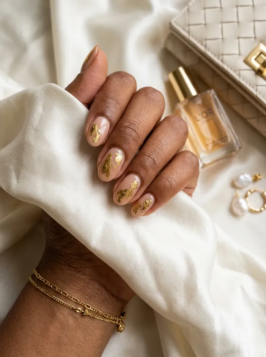 Short nude nails with irregular gold foil fragments on brown skin