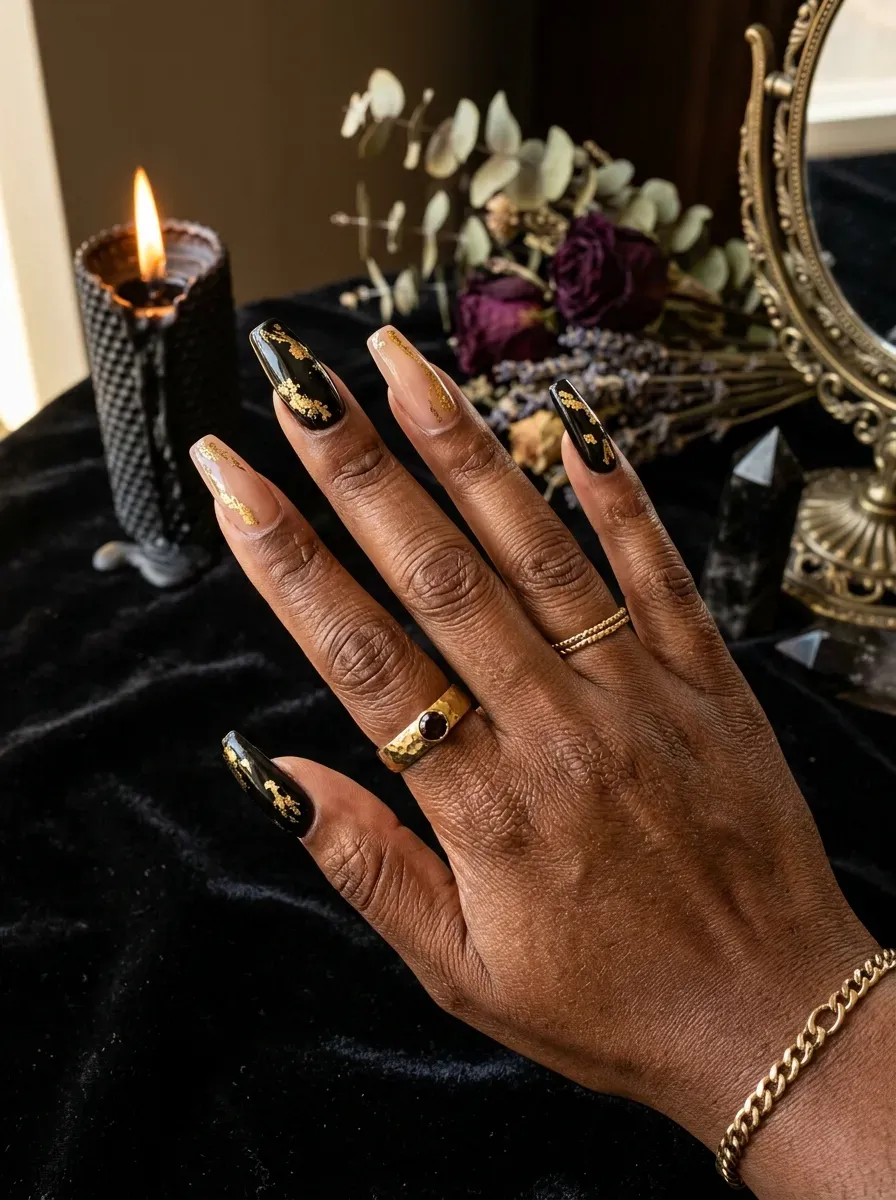 Gold foil details on dark Halloween witch inspired nails