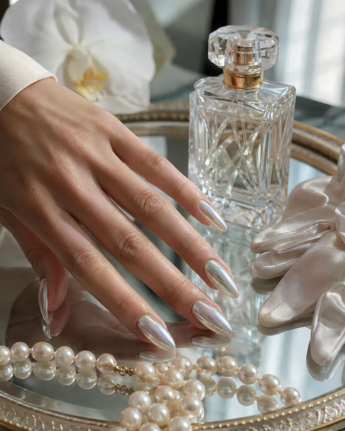 Long nude stiletto nails finished with narrow metallic gold French tips