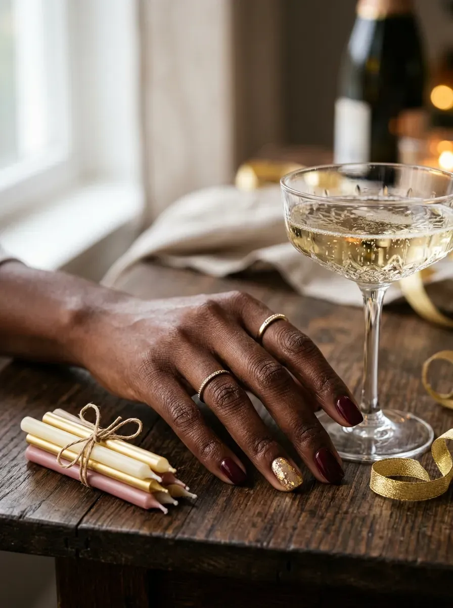 Hand with gold number nail art accent on deep chestnut skin next to birthday candles
