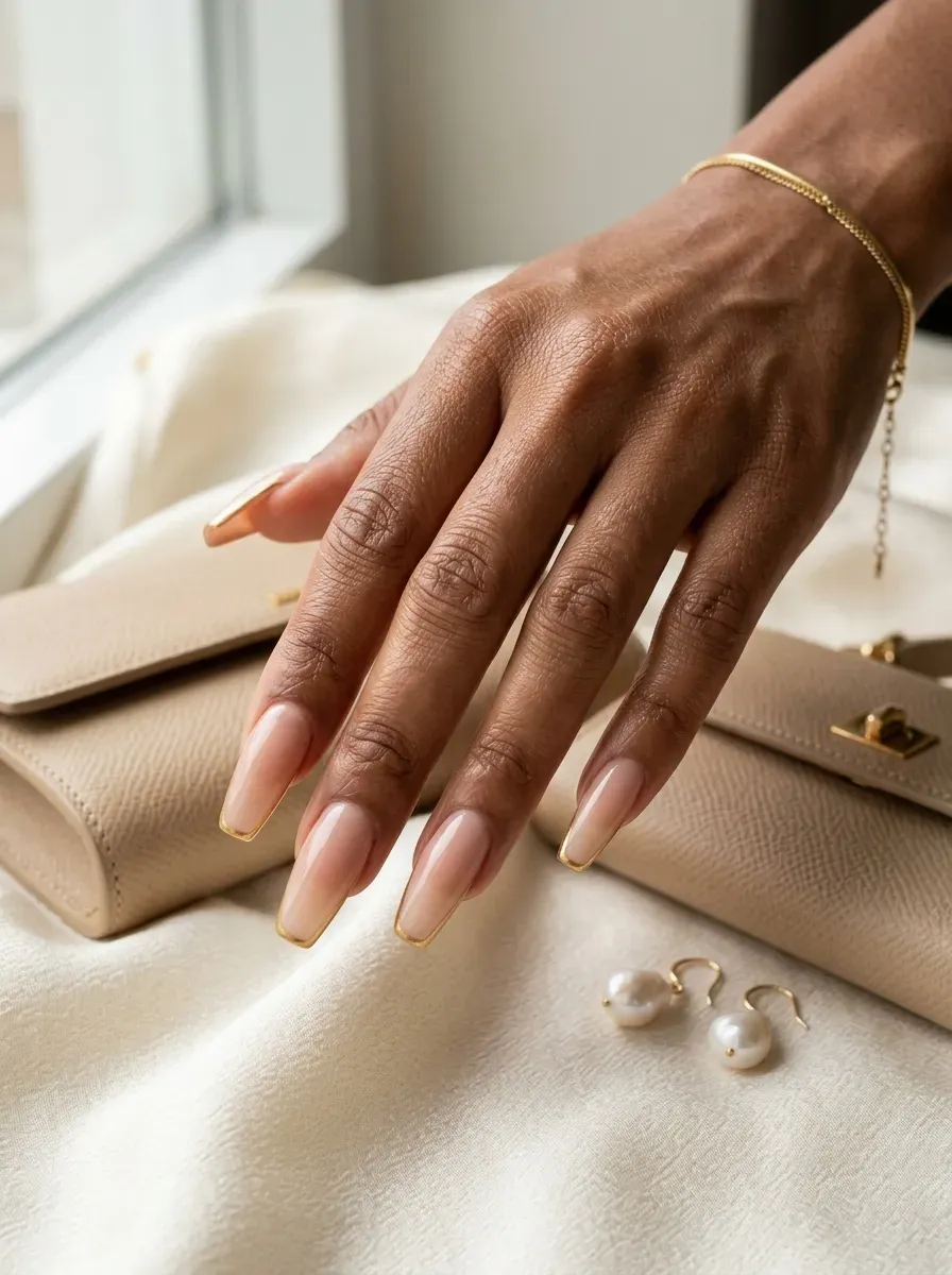 Long nude coffin nails with fine gold outline French tips