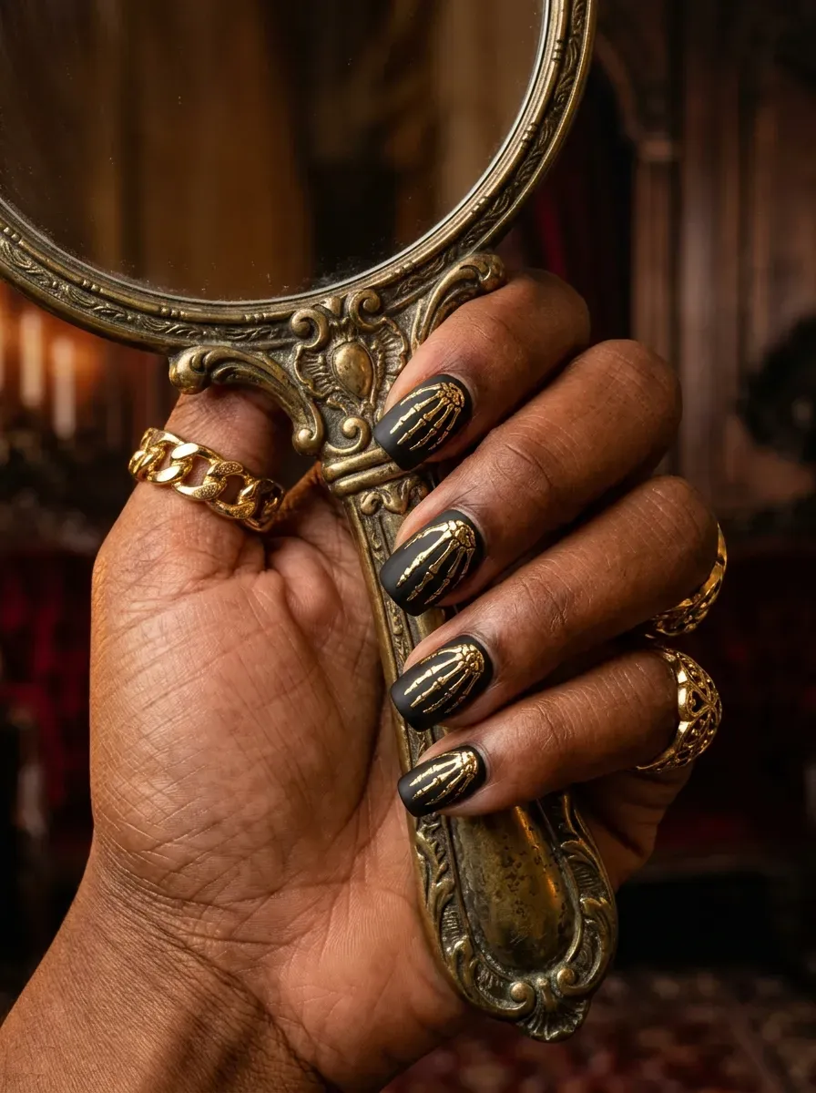 Matte black nails featuring detailed gold metallic skeleton finger art