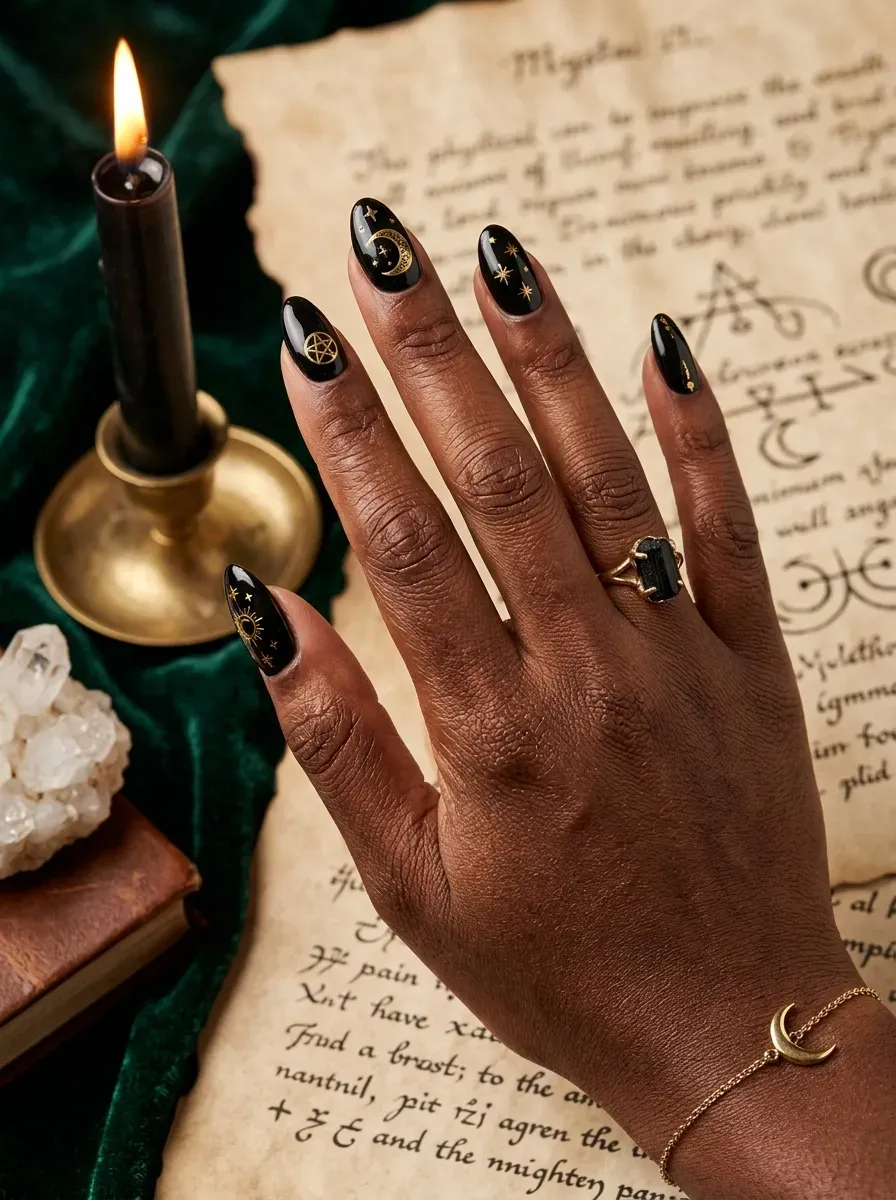 Gold star details on dark witch inspired Halloween nails