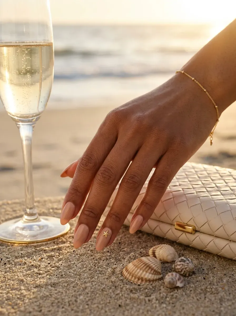 Nude almond nails with tiny gold starfish accents on brown skin