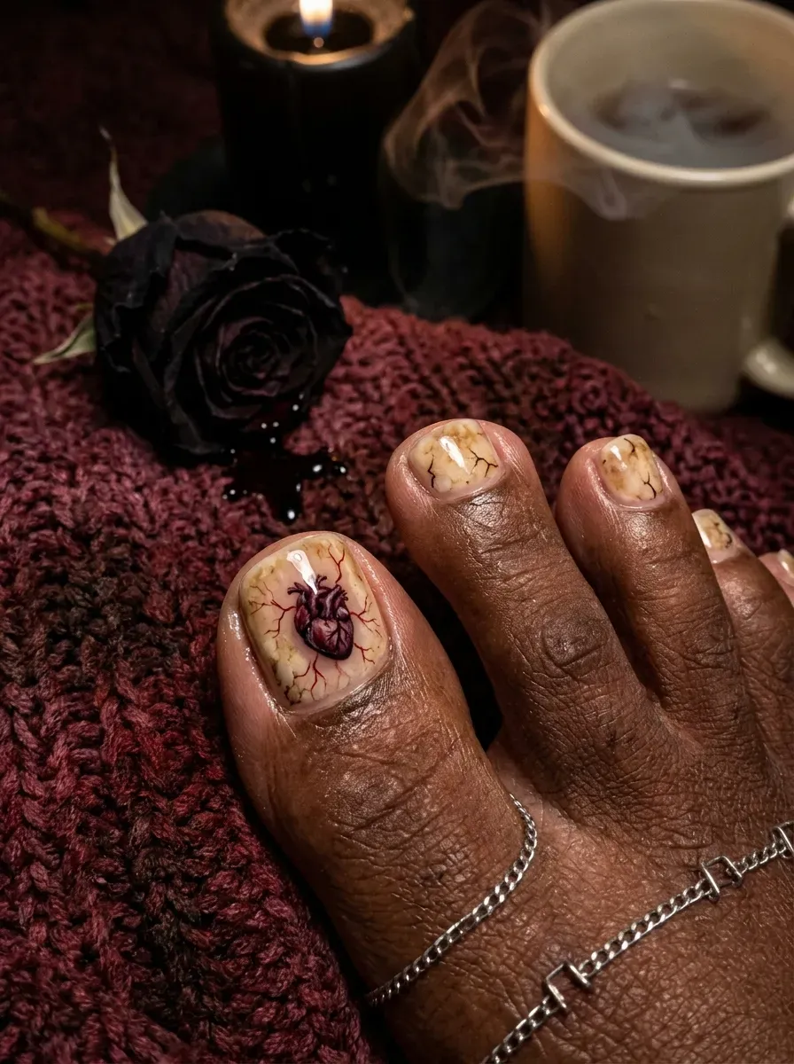 Nude pedicure with tiny black hearts painted on big toenails