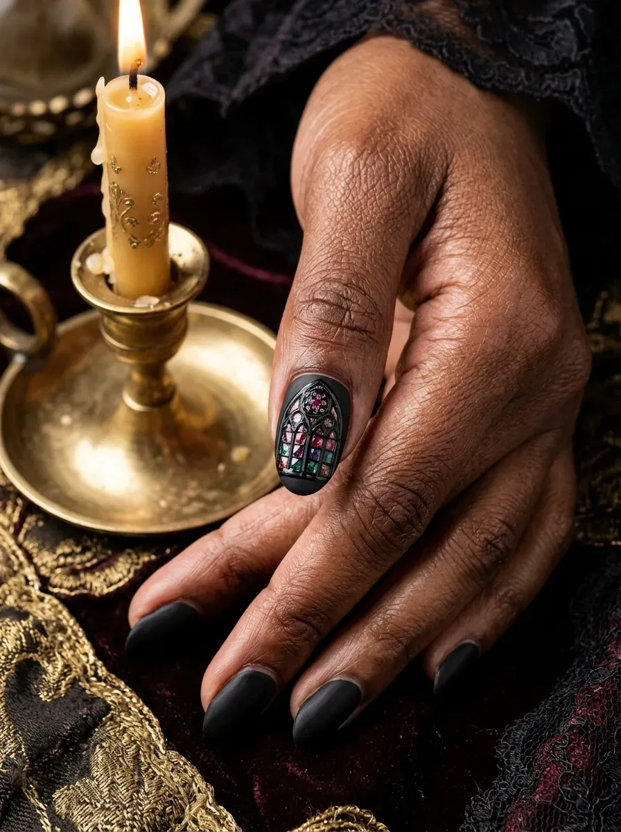 One accent nail with a black arched window frame design over jewel toned glass sections on deep brown skin