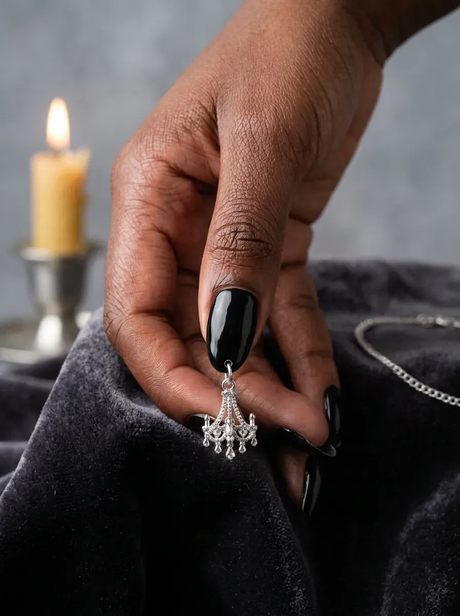 One black accent nail with a small dangling silver chandelier charm sealed near the tip on rich dark skin tone