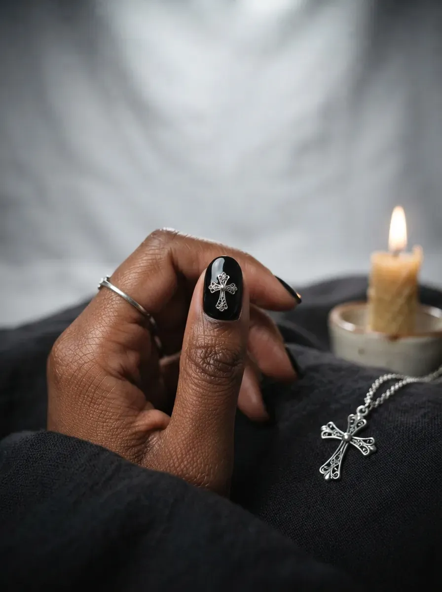 One black accent nail with a small ornate silver cross design on rich dark skin tone