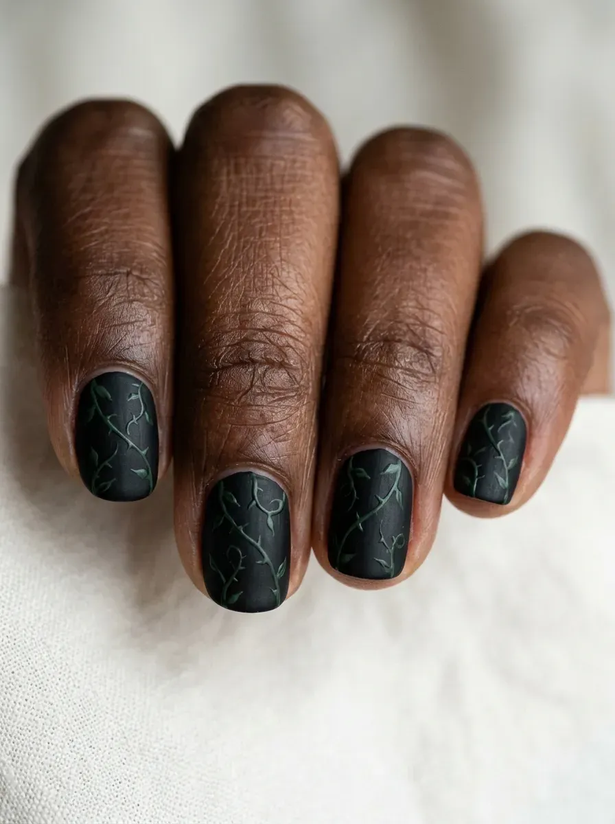 Dark green vine and thorn nail art on a matte black base