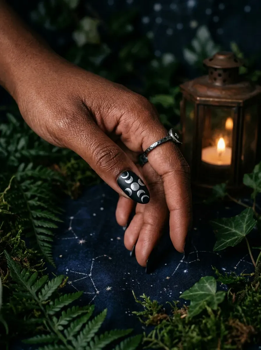 One accent nail with a full moon phase sequence hand painted in silver over a black base on deep chestnut skin