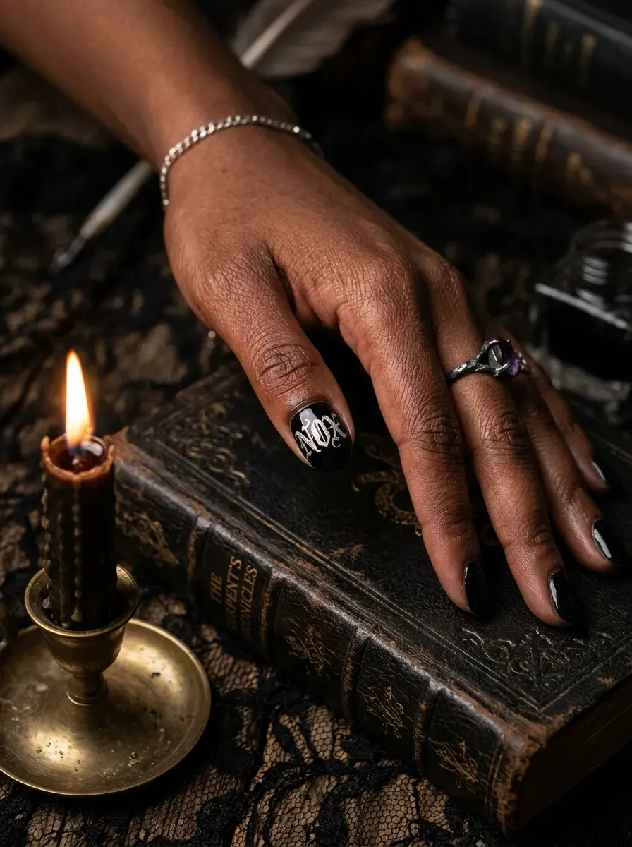 One black accent nail with a single hand lettered word in ornate silver gothic script on deep brown skin