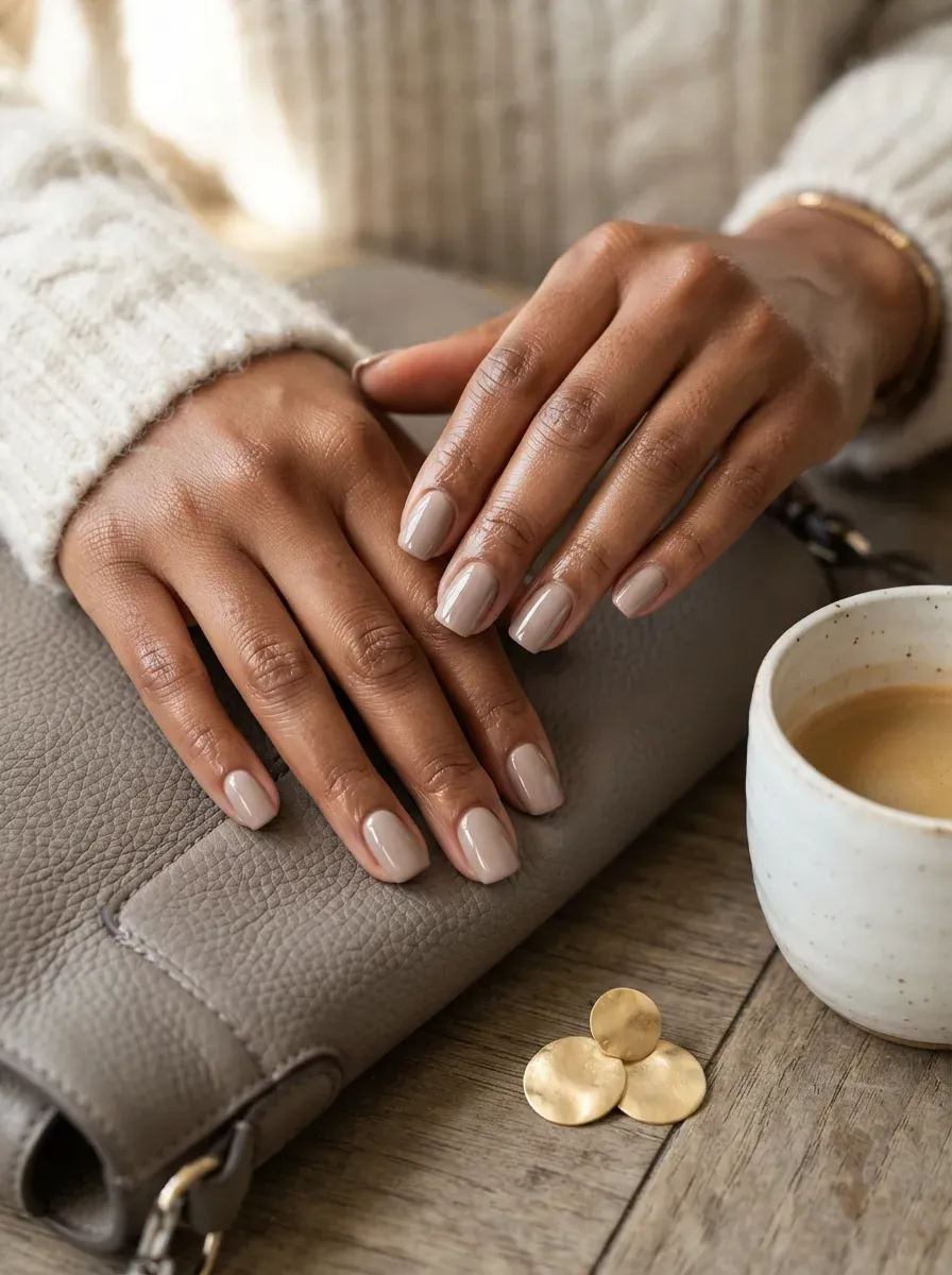 Greige French tips on soft square nails with warm brown skin