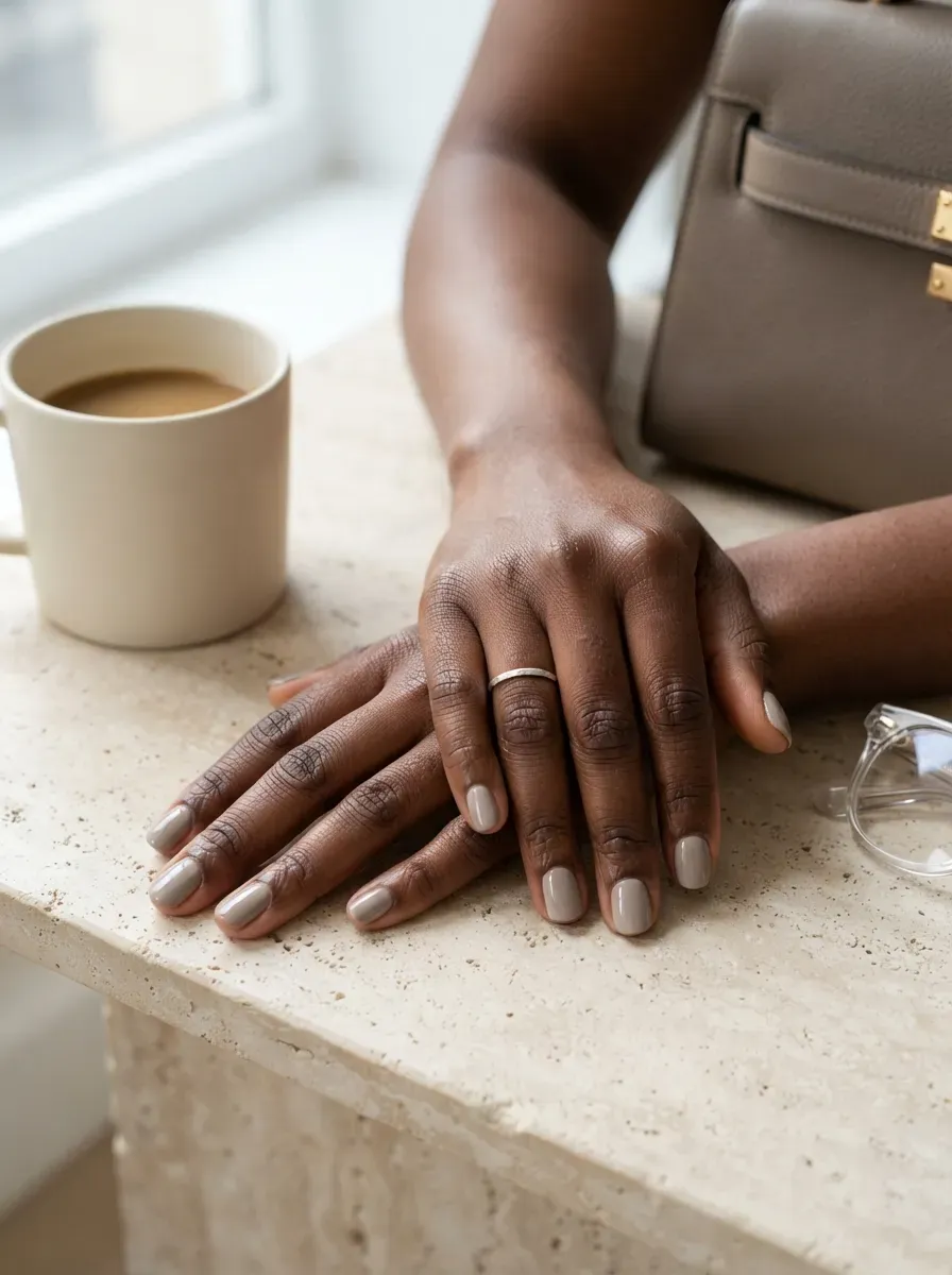 Glossy greige nails on deep chestnut skin with gray and beige accessories