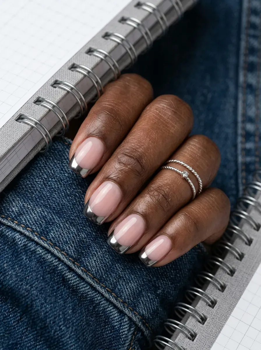 Short squoval nails with reflective gunmetal chrome French tip arcs