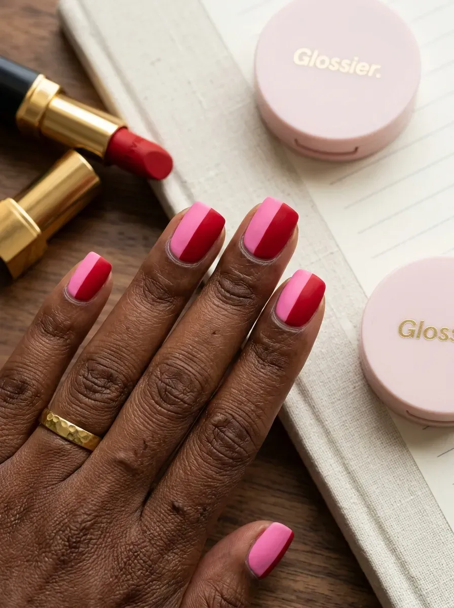 Short nails split between pink and red polish with simple straight divisions