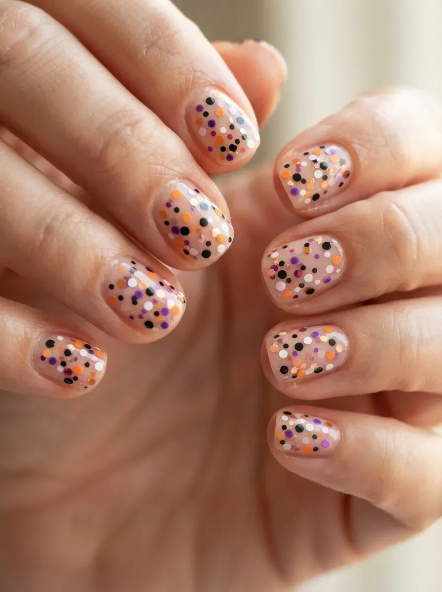 Short nails covered with orange black purple and white Halloween dot accents