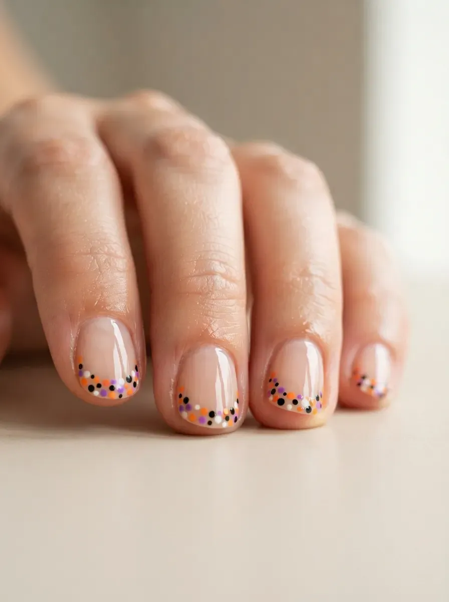 Short nails with orange black and purple polka dot French tips