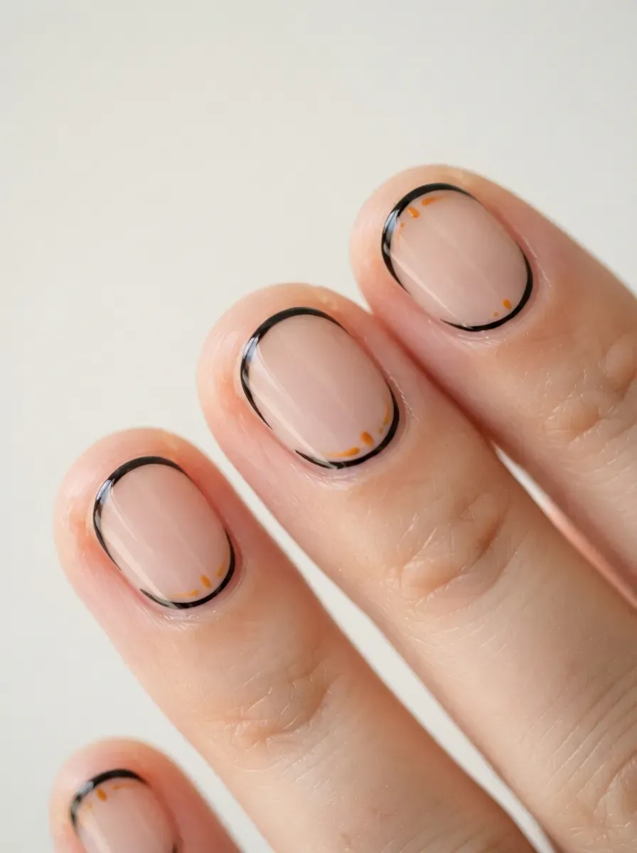 Short nails with black reverse French curves and orange accent details