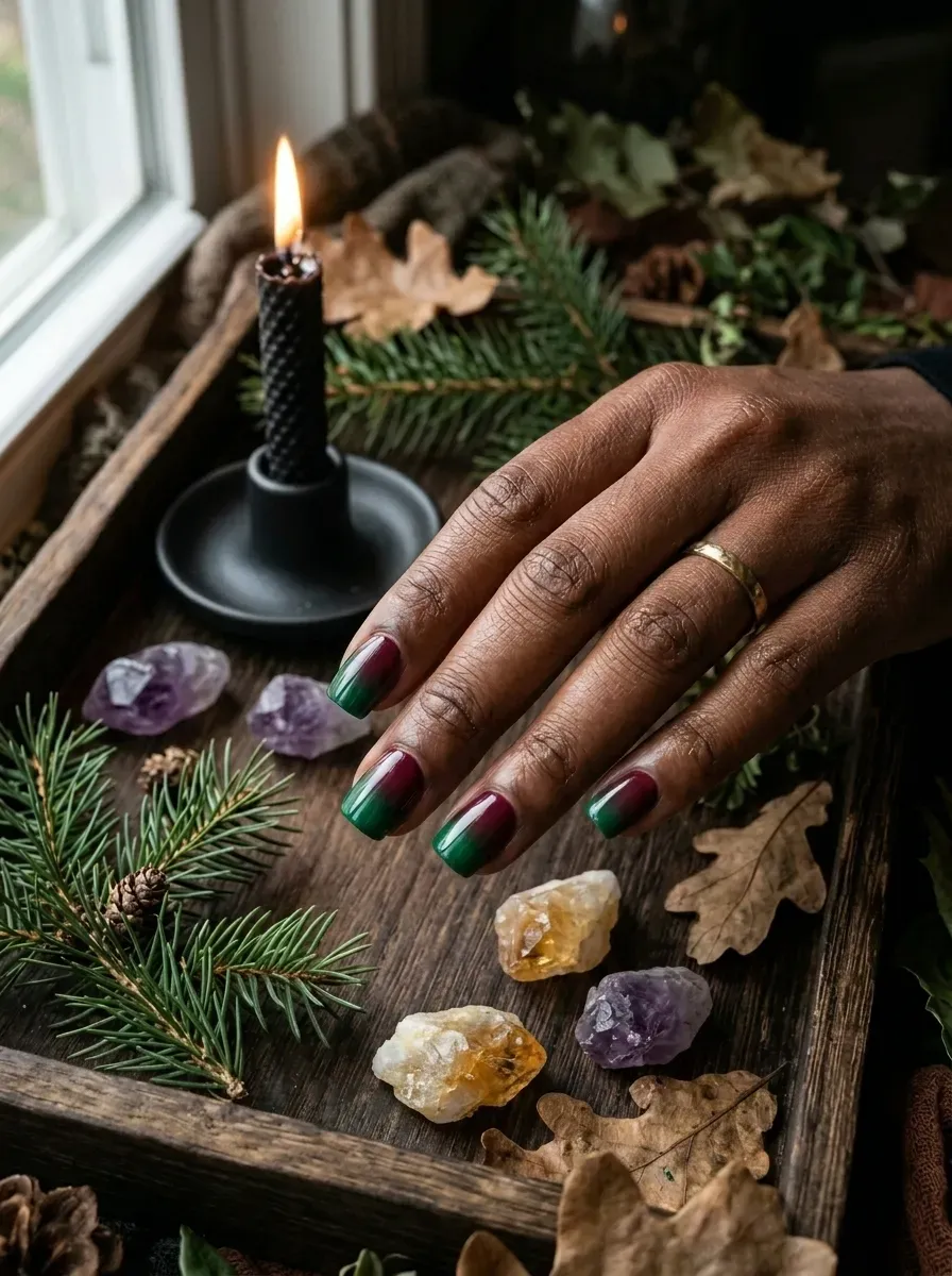 Dark forest green witch manicure with glossy finish
