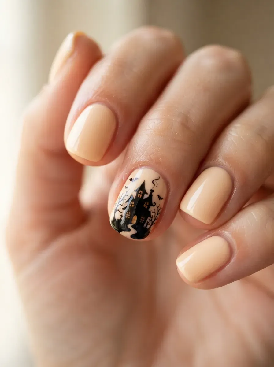 Short Halloween nails with tiny haunted house silhouette accent
