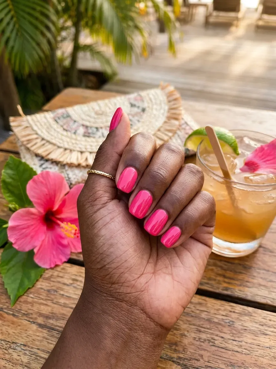 Short squoval nails painted vivid hibiscus pink on deep brown skin