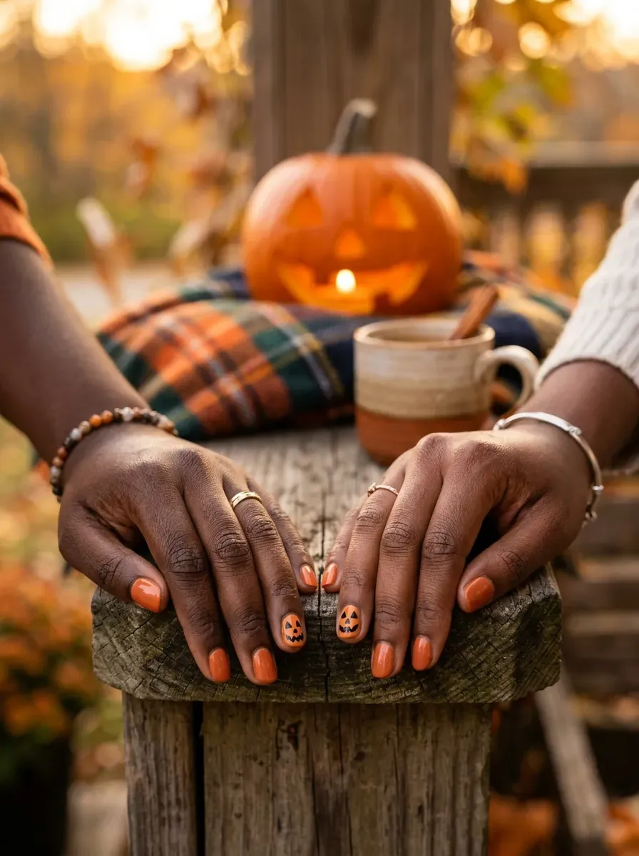 Two hands each with an orange nail featuring a different hand painted jack o lantern face on rich dark skin tone and deep chestnut skin