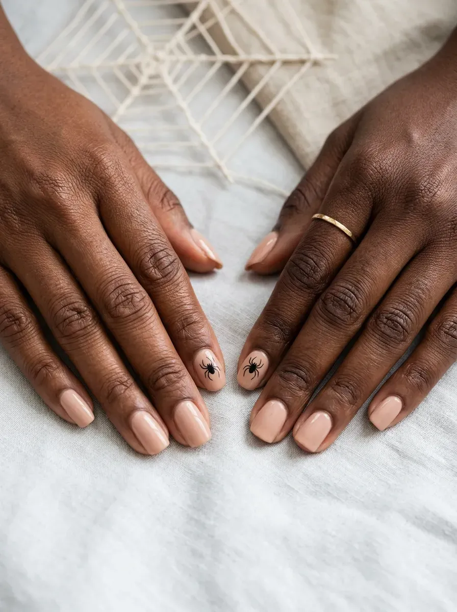 Two hands each with one tiny black spider outline painted on a nude accent nail on deep brown skin and rich dark skin tone