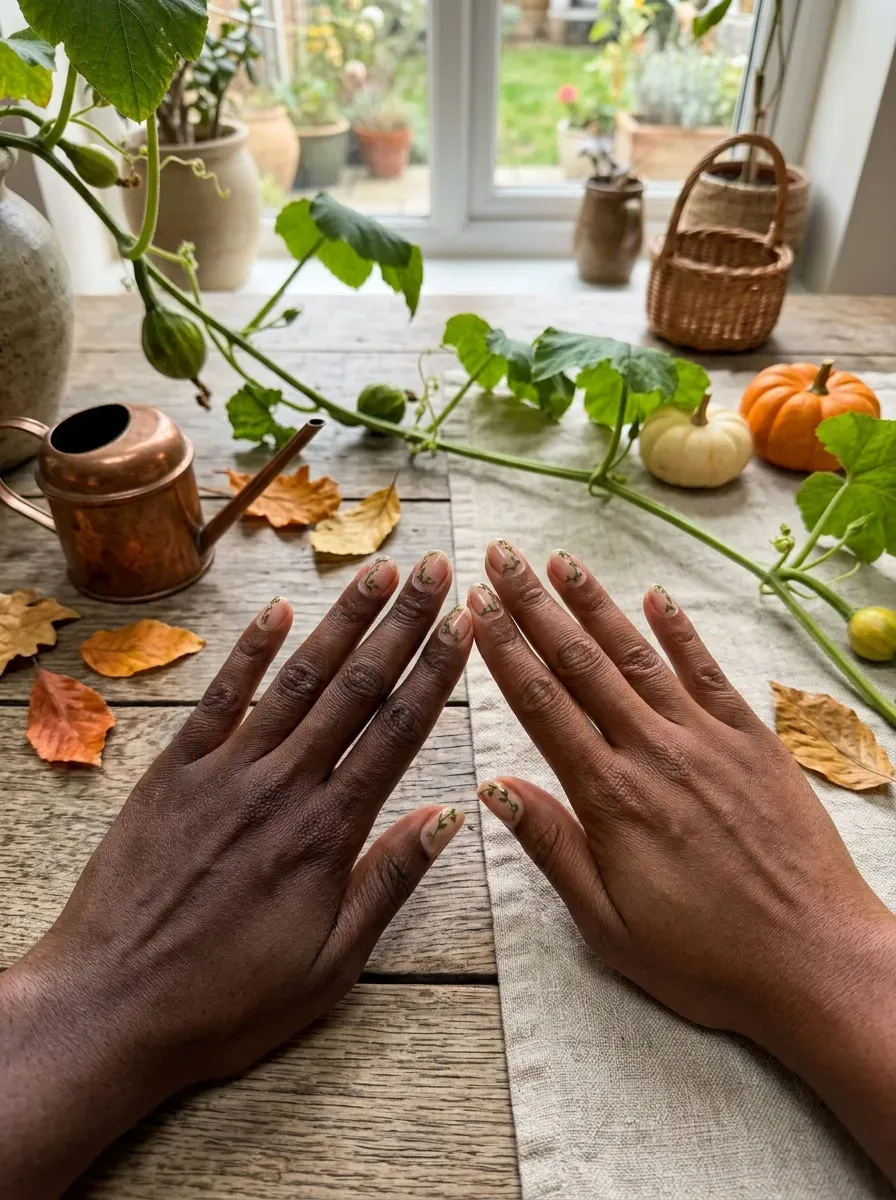 Two hands each with a thin green vine and small orange pumpkins trailing along the side of each nail on rich dark skin tone and deep brown skin