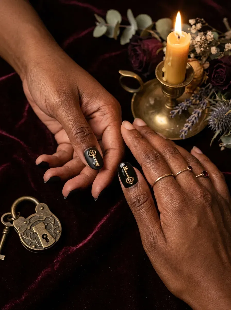 Two hands each with a small gold skeleton key charm sealed onto the accent nail over a black base on rich dark skin tone and deep chestnut skin