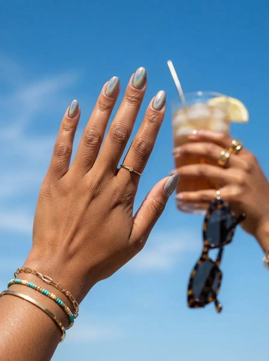 Hand with holographic nail polish shifting color in direct sunlight outdoors