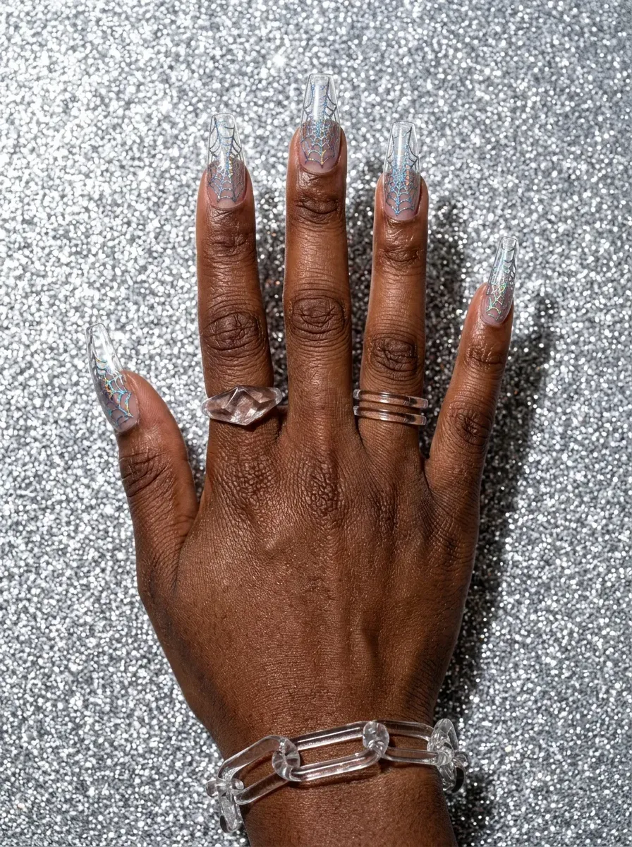 Clear acrylic nails with encapsulated holographic silver spider webs