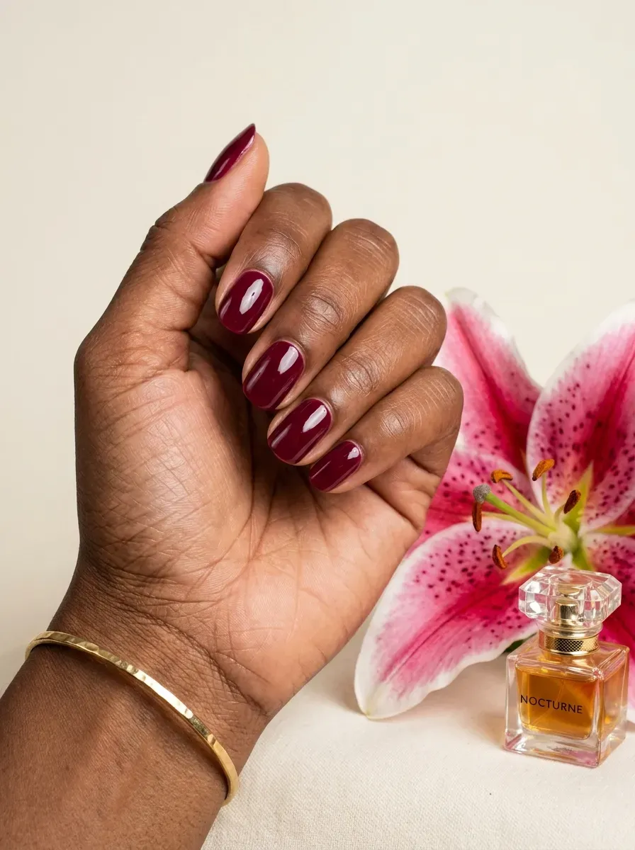 Close-up of hot pink glossy manicure on rich dark skin tone against a plain background