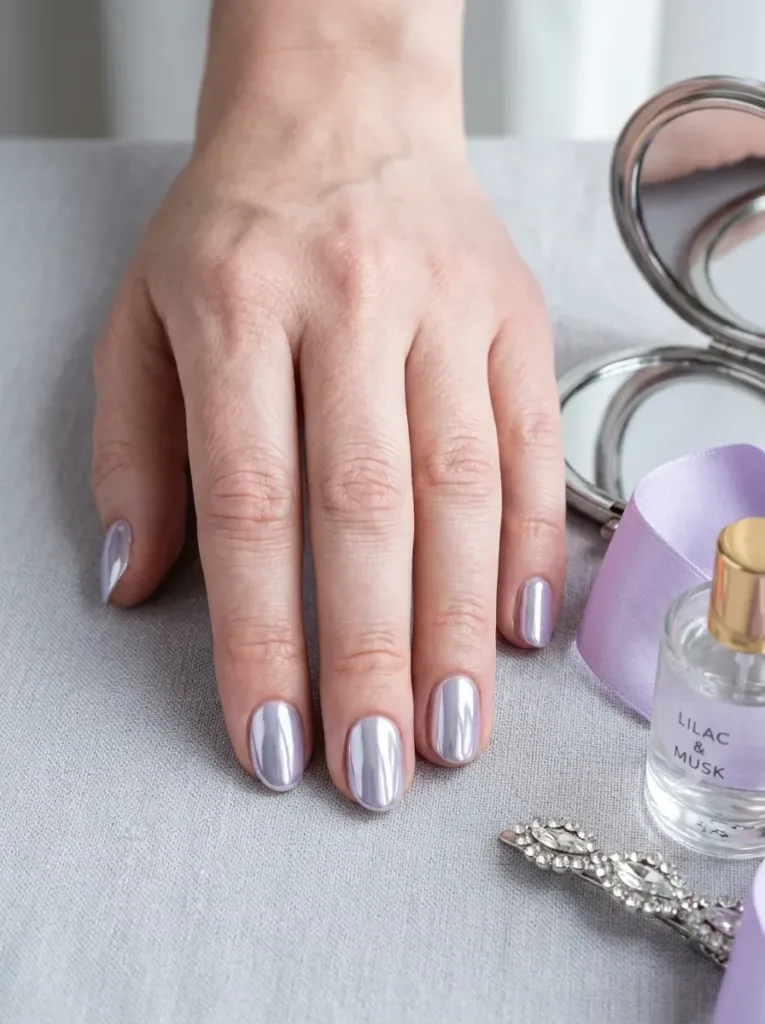 Short oval nails covered in reflective icy lilac chrome
