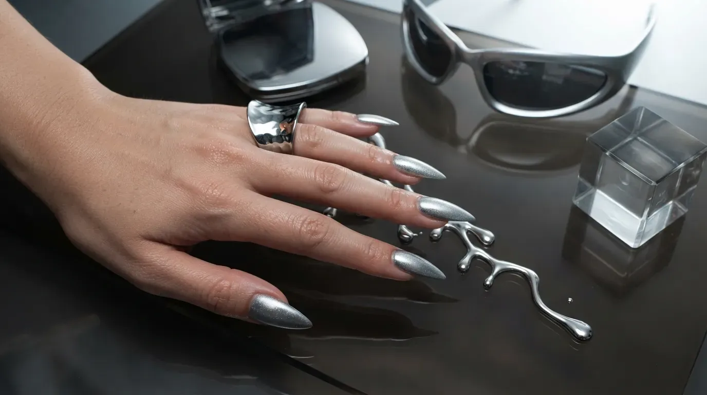 Long nude stiletto nails with raised reflective silver drip details