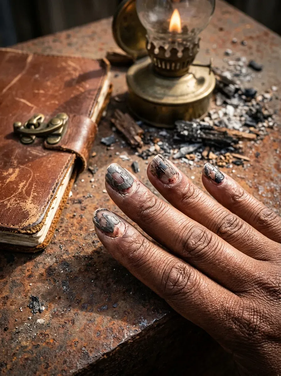 Close-up of deliberately chipped grey-brown decay nail polish on deep brown skin