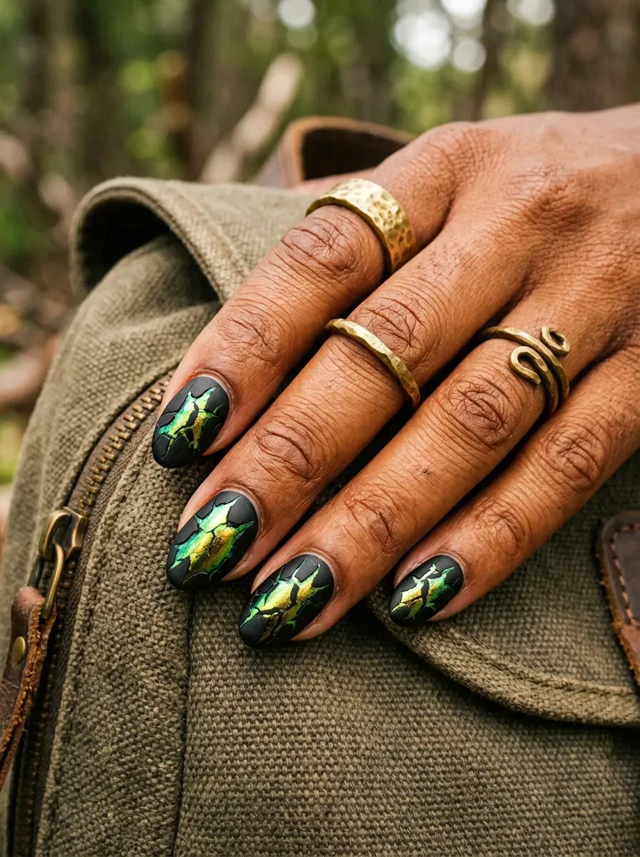 Black crackle polish over shimmering green-gold iridescent chrome base