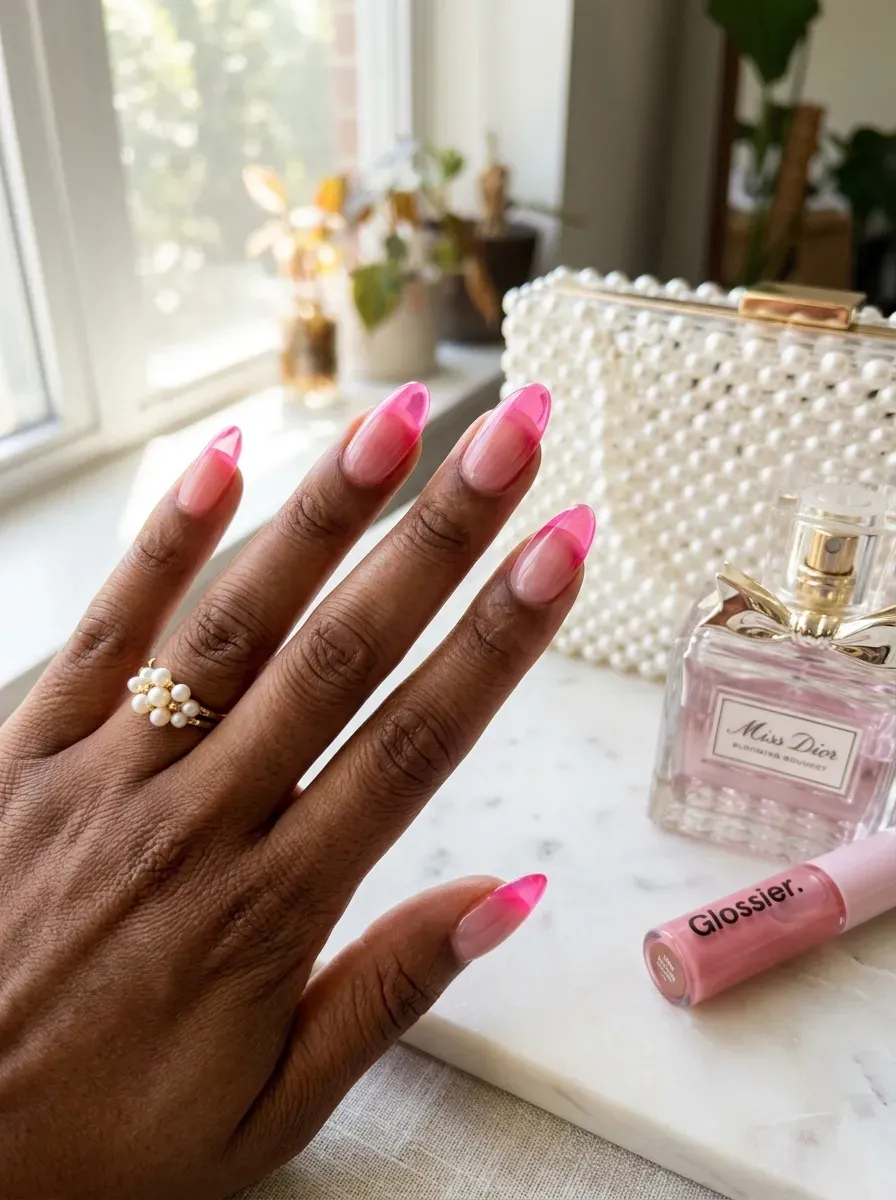Translucent pink jelly French tips on clear almond nails with brown skin