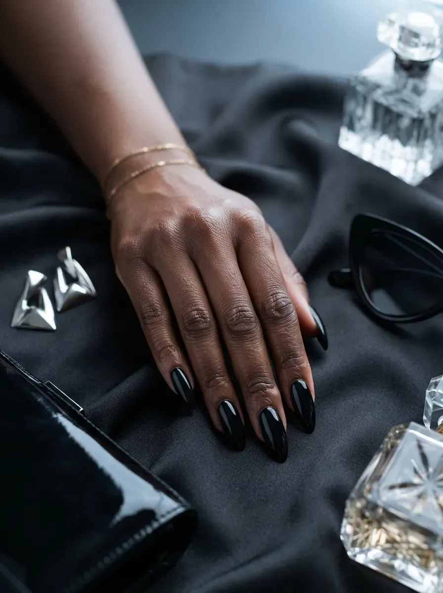 Jet black deep French tips on long almond nails over rich dark skin