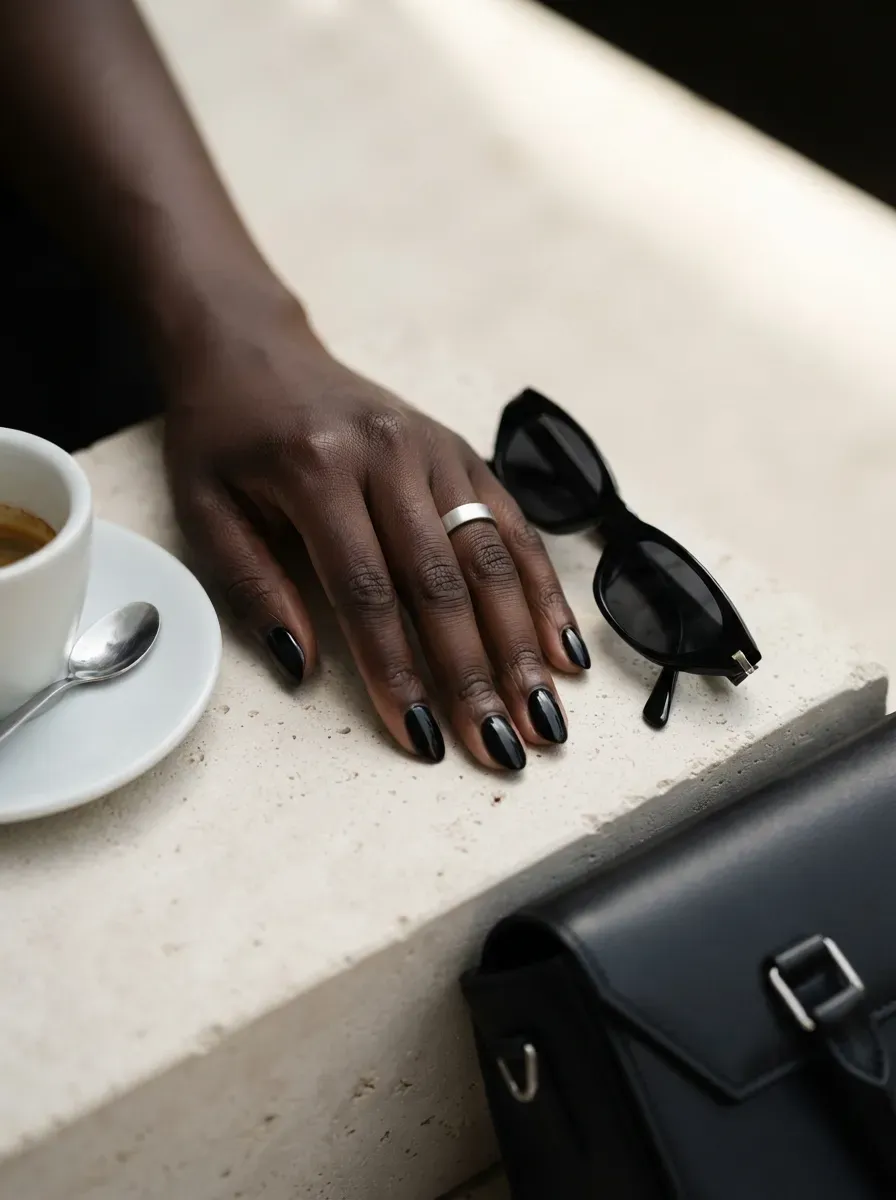 Ultra thin black French tips on short almond nails with dark brown skin