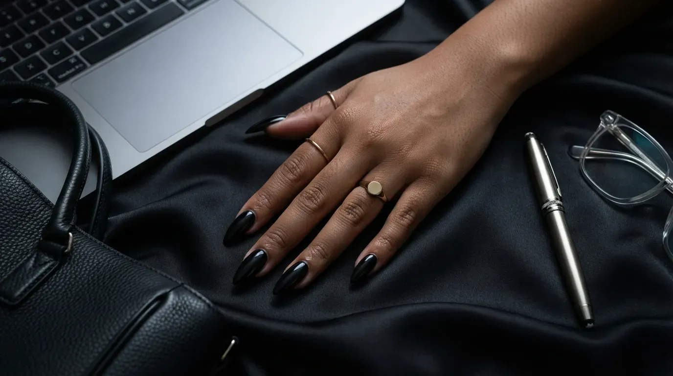 Long stiletto nails coated in smooth high-gloss jet black polish