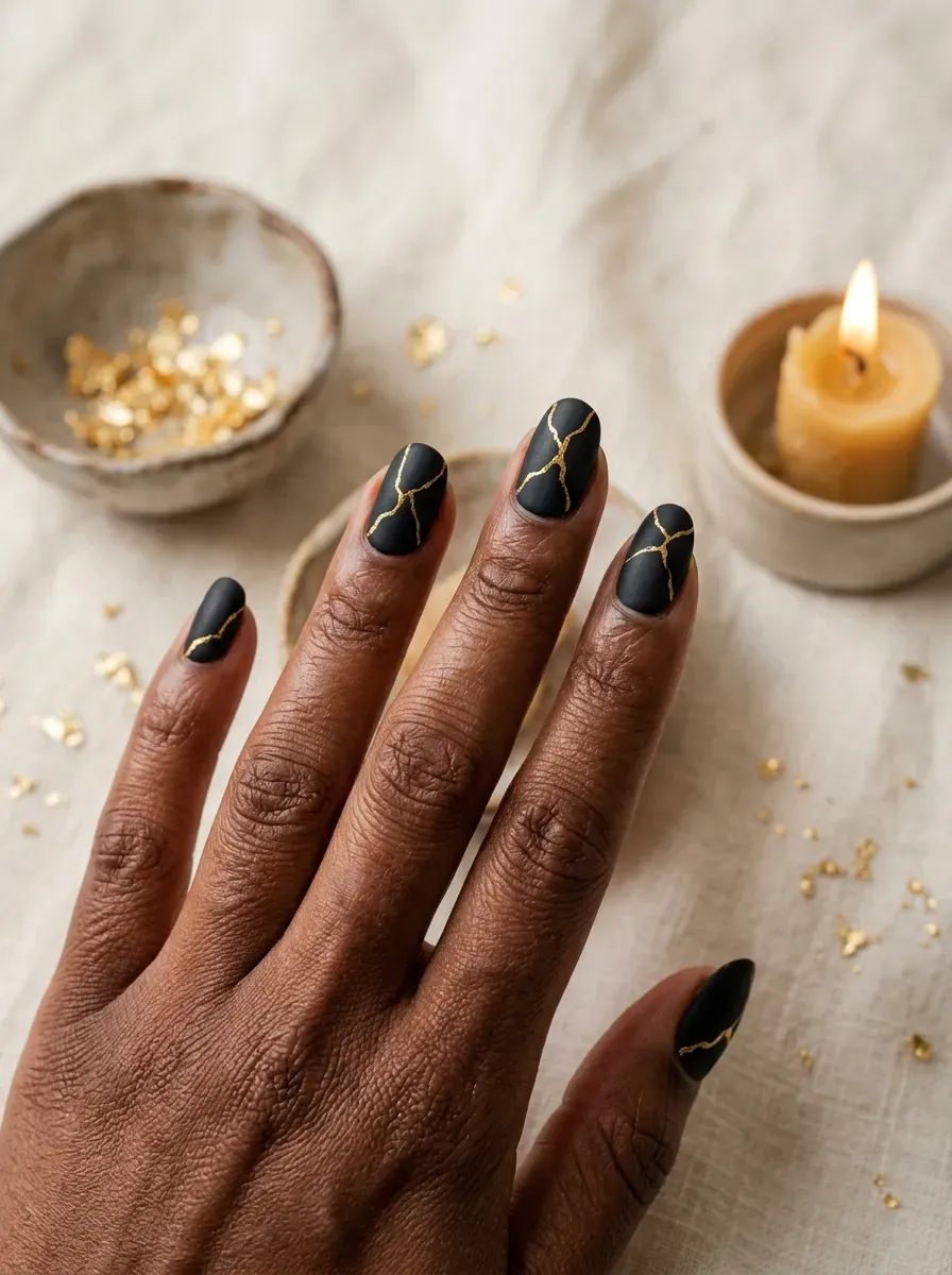 Nails with thin gold crack lines painted over a matte black base resembling repaired pottery on deep chestnut skin